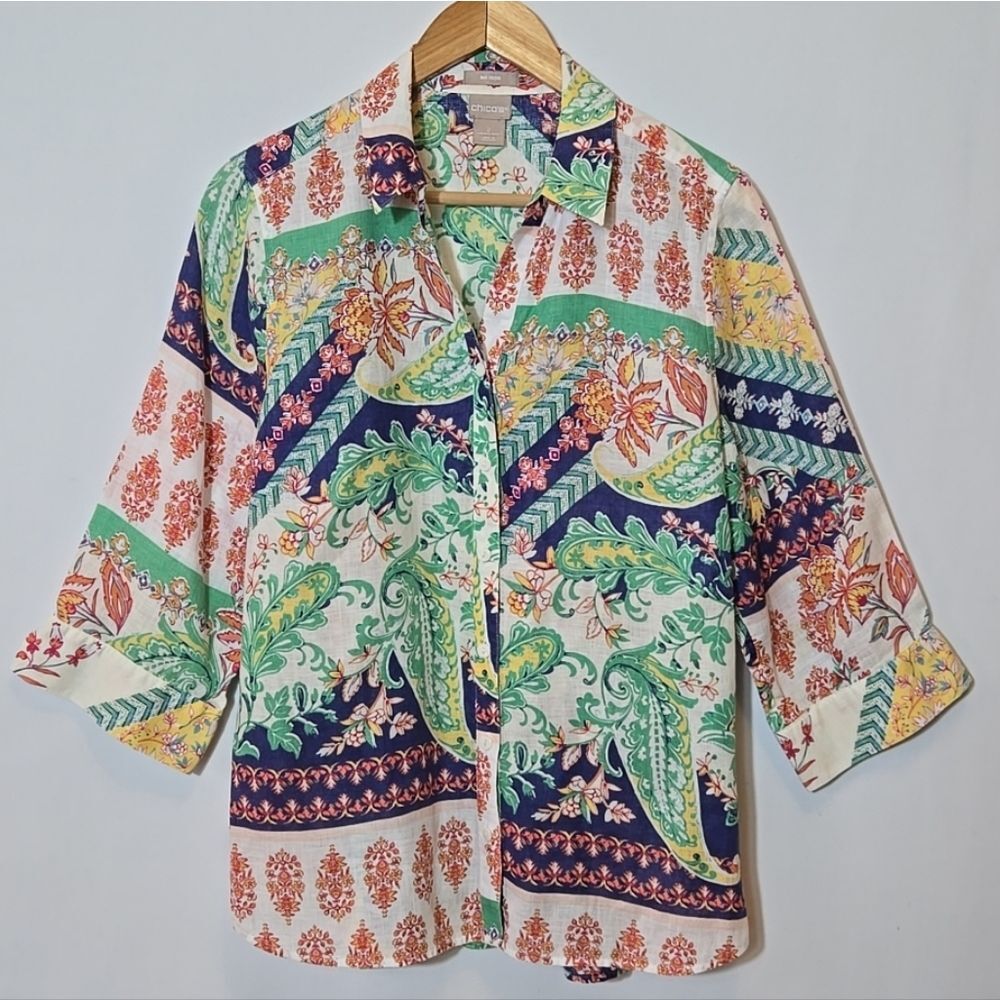 Chico's No Iron Linen Button Down Shirt Size L 12 / 14 Resort